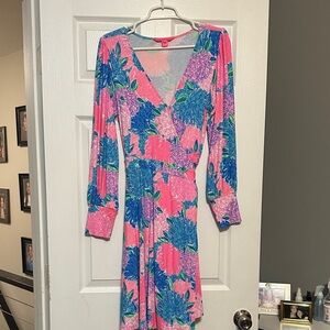 Lilly Pulitzer Pink and blue wrap Dress with Bishop Sleeves
